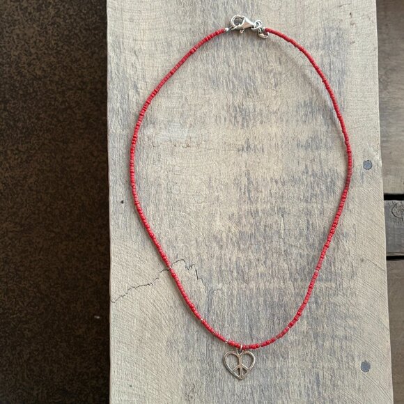 SILPADA Red Heishi Seed Bead Necklace Sterling Silver Heart Pendant 16" - Picture 3 of 5